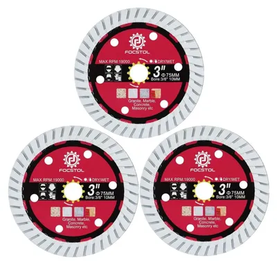 Obrázok produktu pre Diamantové rezacie kotúče, 75 mm x 10 mm - 3 kusy, vhodné na rezanie granitu, mramoru, betónu a muriva