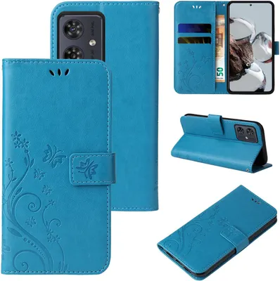 Produktbild von Handyhülle für Motorola Moto G54 Floral Blumen Schmetterling Flip Cover Hülle Case Klapphülle Handytasche Farbe: Blau