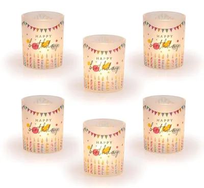 Immagine prodotto di Candela decorativa in vetro a forma di lanterna, con motivo "Buon Compleanno", ideale per decorare la tavola in occasione di una festa di compleanno. Portacandele in vetro per candele