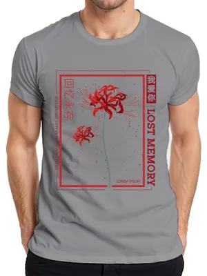 Obrázok produktu pre LOST MEMORY Červená pavúčia ľalia Higanbana Japonské streetwearové pánske tričko, sivé, S