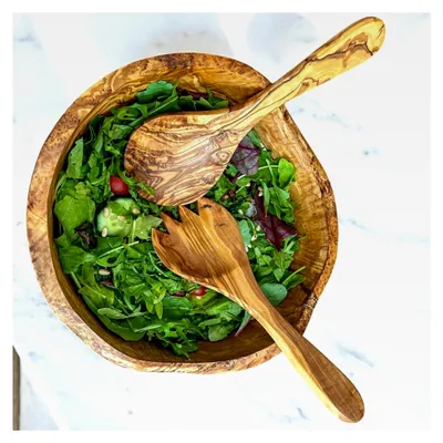 Produktbild von Salatbesteck Set aus Olivenholz, 2-teilig, Servierbesteck für Salat, 25 cm, Rund, Handgefertigt