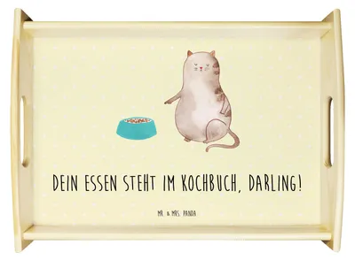 Produktbild von Mr. & Mrs. Panda Holztablett Katze Fressen - Gelb Pastell - Geschenk, holz serviertablett, Tablett, Servier