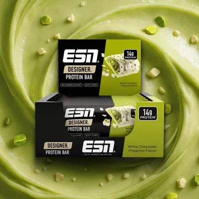 Produktbild von ESN Designer Protein Bar- 12x 45g White Chocolate Pistachio