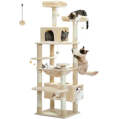 Image de Grand arbre à chat et tour, design spacieux, plusieurs poteaux à gratter, hamacs confortables, couleur beige, 136 cm