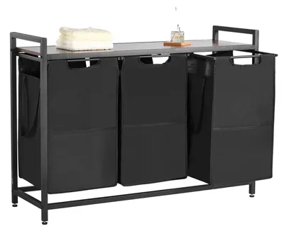 Image de VEVOR Panier à linge Collecteur de linge avec tablette en bois, Trieur de linge avec 3 sacs extensibles (tissu 600D Oxford) & cadre métallique, Système de tri du linge pour les vêtements sales Salle de bain noire