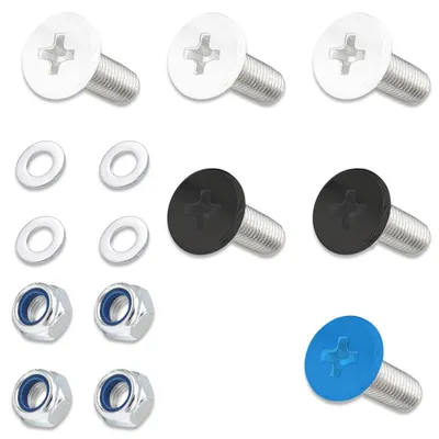 Immagine prodotto di Set di viti per targa in acciaio inossidabile M6x12mm, adatte per motocicli, scooter, ciclomotori e quad. Include: 3 viti bianche, 2 viti nere, 1 vite blu, 4 rondelle e 4 dadi autobloccanti