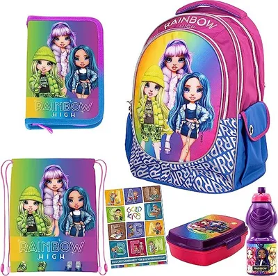 Produktbild von 6er Set Schulranzen Ranzen Federmappe Turnbeutel Brotdose Trinkflasche Aufgabenheft Rainbow High Motiv geeignet ab der ersten Klasse der Grundschule