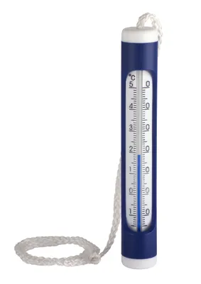 A blue and white thermometer with a rope attached.