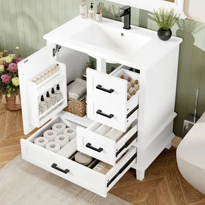 Obrázek produktu pro Koupelnová skříňka Flieks s keramickým umyvadlem, toaletní skříňka se 3 zásuvkami a 1 dvířky, 76x46x83,5 cm, bílá