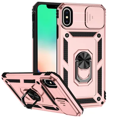 Immagine prodotto di Custodia per iPhone XS / iPhone X a doppio strato con cover fotocamera scorrevole e supporto ad anello Rosa