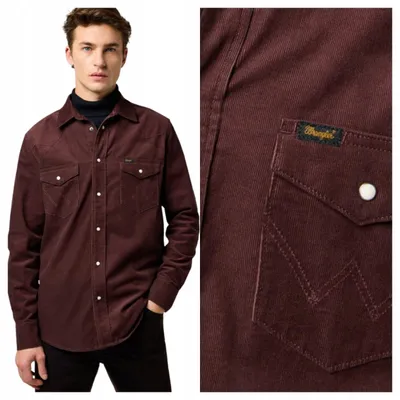 Immagine prodotto di Wrangler | Camicia in cotone a coste da uomo, stile western, color marrone, vestibilità regular, maniche lunghe, taglia M