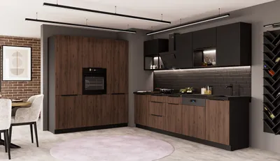 Produktbild von Küche MONZA + SIENA LOFT - 280 + 180 cm Küchenzeile Küchenblock Einbauküche Nussbaum Okapi matt + Schwarz matt