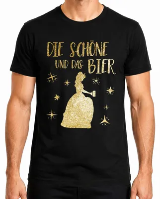 Immagine prodotto di Maglietta da uomo, nera, taglia 3XL, con la scritta "La Bella e la Birra", decorata con immagini di una principessa, glitter dorati e riferimenti a una festa di addio al nubilato e all'Oktoberfest
