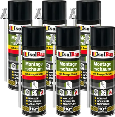 Produktbild von Isolbau 6 x 500 ml Montageschaum mit Aussprührohr - PolyurethanBauschaum für Montage, Isolierung, Abdichtung, Innen & außen