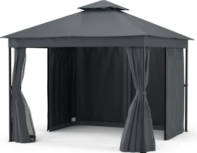 Produktbild von Blumfeldt Mondo Dual Pavillon 3x3 – Doppeldach & Moskitonetze, Wetterfester Metallrahmen, Vorhänge Für Privatsphäre, Gartenpavillon, Leicht Zu Montieren, Dunkelgrau