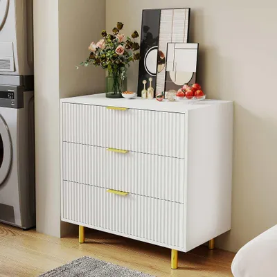 Produktbild von Kommode 3 Schubladen Sideboard Modern Design Aufbewahrungsschrank Wohnzimmer, Weiß und Gold, H72/B80/T40 cm