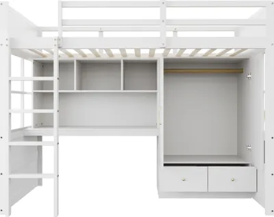 Produktbild von STILVORA Hochbett 90 x 200 Kinderbett mit Leiter,ohne matratze,Jugendbett mit Kleiderschrank und Schubladen,Bettgestell Holzbett mit Schreibtisch,Weiß