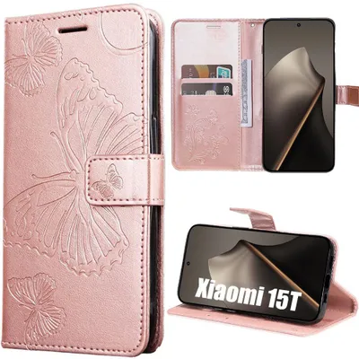 Image de Coque pour Xiaomi 15T, Protection Antichoc Anti-Rayures Effet Cuir Rose avec Motif Papillon
