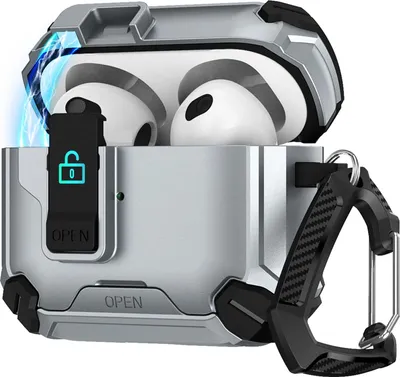 Produktbild von Hülle für Apple AirPods 1 / 2 Defender Schutzhülle mit Karabiner 360° Schutzbox Kopfhörer stoßfestes Full Body Cover Grau