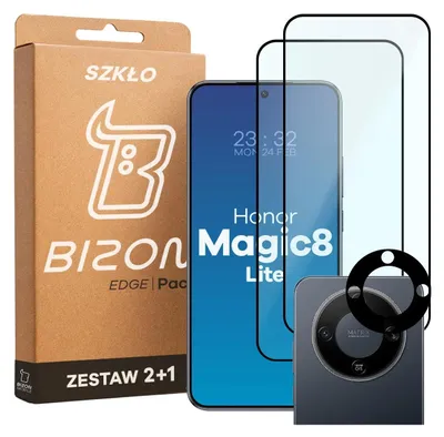 Produktbild von 2x Gehärtetes Glas + Kameraschutz für Honor Magic8 Lite, Bizon Glass Edge Pack, Schwarz
