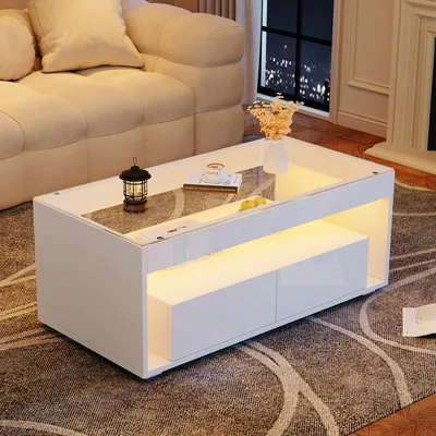 Image de MODFU Table Basse avec LED - Meuble de Salon Blanc avec 2 Tiroirs Coulissants et Plateau en Verre Trempé - 100x50x40 cm