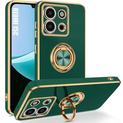 Image de Coque pour Xiaomi Redmi 15C 4G/5G, Protection Antichoc Anti-Rayures Slim avec Anneau Rotatif - Vert Nuit