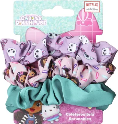 Produktbild von Gabby’s Dollhouse Haargummi Set – 3 Scrunchies für Kinder mit Serienmotiv