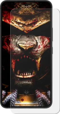 A close-up of a phone screen protector with a graphic of a samurai helmet and a bloody tiger face.