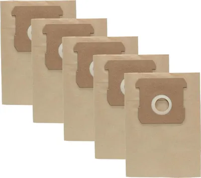 A diagonal arrangement of five disposable vacuum cleaner bags made of brown paper.