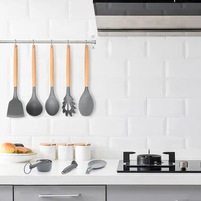 Immagine prodotto di Set di pentole da cucina in silicone - Resistente al calore e in acciaio inox - 34 pezzi - Grigio