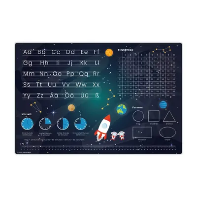 Produktbild von Schreibtischunterlage für Kinder – Lernunterlage in Weltraum Optik ABC, 1x1, Uhr – 60x40 cm – aus Vinyl - Jungs & Mädchen - Hergestellt in Deutschland