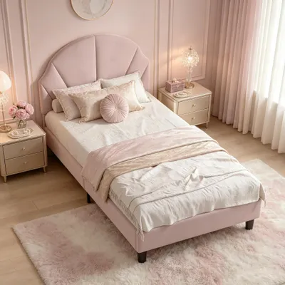 Productafbeelding van INONEFT Kinderbed, gestoffeerd bed 90x190 cm, eenpersoonsbed met verstelbaar hoofdeinde en lattenbodem, kinderbed voor meisjes en tieners, fluweel, roze