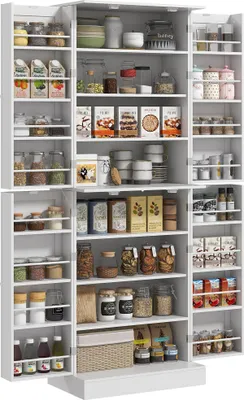 Image de HOMCOM Armoire de cuisine buffet cuisine vaisselier meuble de rangement style moderne avec placards, étagère réglable et porte-épices pour salle à manger, salon, 60 x 35 x 166 cm, blanc