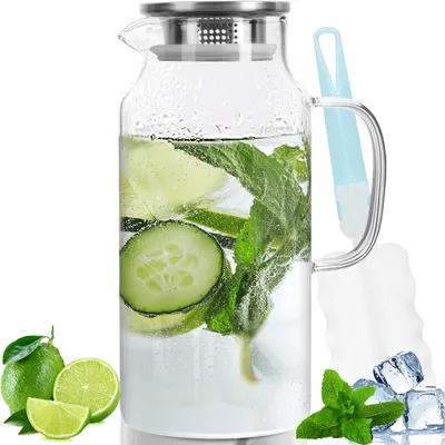 Immagine prodotto di Caraffa in vetro da 2 litri con coperchio in acciaio inossidabile, adatta per bevande calde e fredde