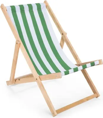 Produktbild von Liegestuhl grün-weiß gestreift klappbar aus Holz - Klappstuhl Klappliege Sonnenstuhl Strandstuhl Holzklappstuhl Sonnenstuhl Gartenliege