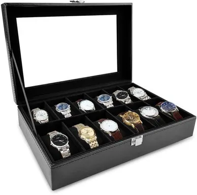 Produktbild von Schwarze Uhrenbox mit 12 Fächern und Glasdeckel