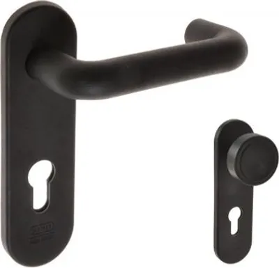 Zdjęcie produktu dla Klamka/gałka drzwi przeciwpożarowych Assa Abloy 72 mm WB, trzpień 9 mm, czarna (ochrona przeciwpożarowa) (zestaw) (METF972NM)