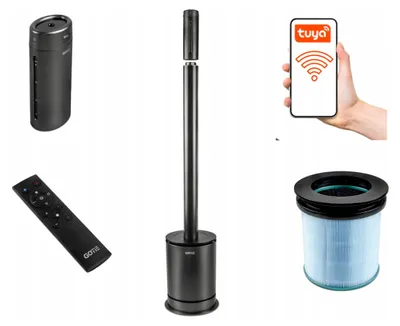 A collage of product images showing an air purifier, its remote, a filter, and a smartphone displaying a Tuya app.