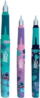 Three fountain pens with Stitch characters and tropical leaf designs.