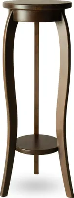 A dark brown wooden plant stand with a round top and a lower shelf, set against a white background.