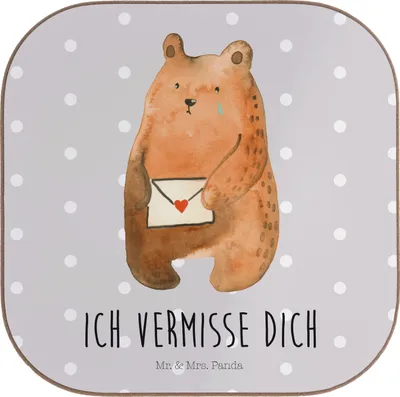 Produktbild von Mr. & Mrs. Panda Untersetzer für Gläser Bär Liebesbrief - Grau Pastell - Geschenk, Tischuntersetzer, Sehnsucht, Freundin, Liebeskummer, Partner, Coaster, Teeuntersetzer