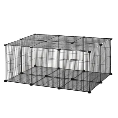 Produktbild von PawHut Kleintiergehege kleintierkäfig Freigehege DIY Metall Kleintiere Multi-Winkel-Verbindungen Anti-Rutsch-Matte öffenbar 22 Platten Schwarz 105 x 70 x 45 cm