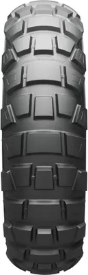 A close-up, front-facing view of a single motorcycle tire.