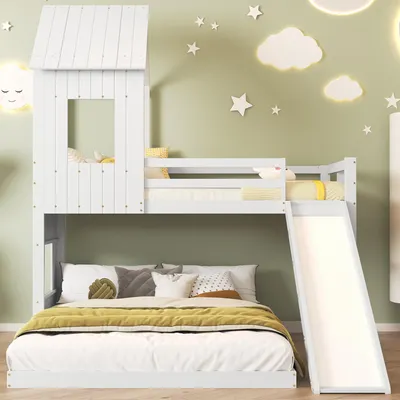 Produktbild von Weißes Kinderhausbett mit Rutsche und Fallschutz, inklusive Fenster, Dach und dreistufiger Leiter, aus Kiefer+MDF, 90x200 & 140x200 cm