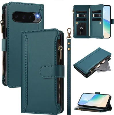 Image de Étui pour Google Pixel 10 Pro XL, zippé, étui portefeuille en cuirPolyuréthaneà rabat avec poches pour cartes, support et boucle pour les mains vert
