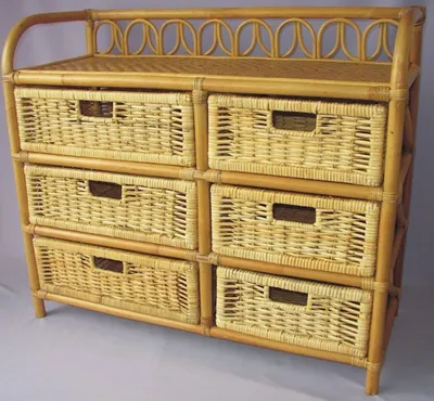 Produktbild von Rattanregal mit 6 Schüben , Korbregal mit Schub , Korbfarbe : honig , Größe : B 100 cm , T 36 cm , H 75 cm .