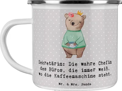 Produktbild von Mr. & Mrs. Panda Campingtasse Sekretärin Chef - Grau Pastell - Geschenk, Teetasse, Berufspassion, Pott, Berufsalltag, Emaille Tasse, Geschenke mit Herz, Büro, Becher