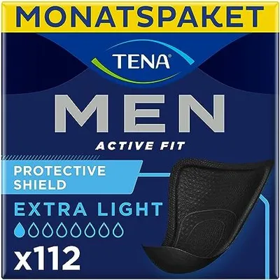Produktbild von TENA MEN Protective Shield Extra Light - 112 Einlagen im Monatspaket (8 x 14), einzeln verpackt - extra dünne Hygieneeinlagen für Männer bei sehr leichtem Harnverlust - Schwarz N