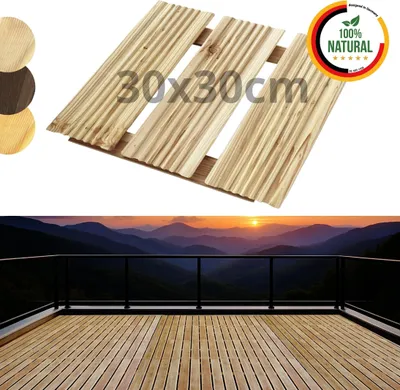 A collage showing wooden deck tiles and a scenic mountain view from a balcony.