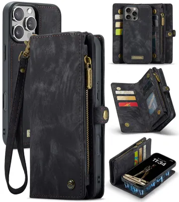 Produktbild von Schutzhülle für iPhone 16 Pro, Vintage Multifunktions Lederhülle, Kartenfächer, Reißverschluss Hülle Schwarz
